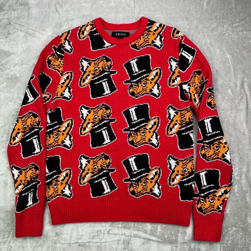 Akoo Slick'd All‎ Over Fox Tophat Print Knit Sweater Mens Medium Red Tight Knit